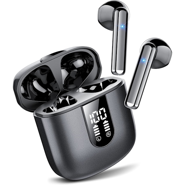 Langattomat kuulokkeet, Bluetooth 5.3 -kuulokkeet 2023, stereo-nappikuulokkeet ENC-mikrofonilla, langattomat in-ear-kuulokkeet kahdella LED-näytöllä Black