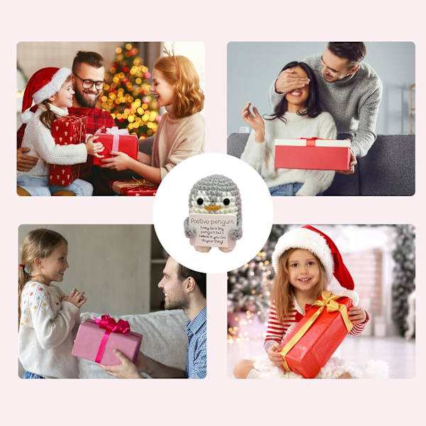 Positiv pingvin, strikket krammedyr med positiv kort hækling opmuntring, følelsesmæssig støtte plyslegetøj til par, fødselsdag, Thanksgiving