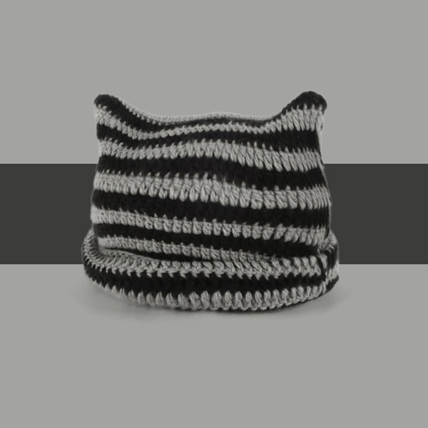 Katte Beanie Hæklet Hatte med Ører Strikket Stribet Vinter Varmt Elastisk Kasket, Sort og Grå Black and Grey