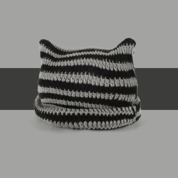 Kissapipo Virkatut hatut korvilla Neulottu raidallinen talvinen lämmin elastinen cap, musta ja harmaa Black and Grey