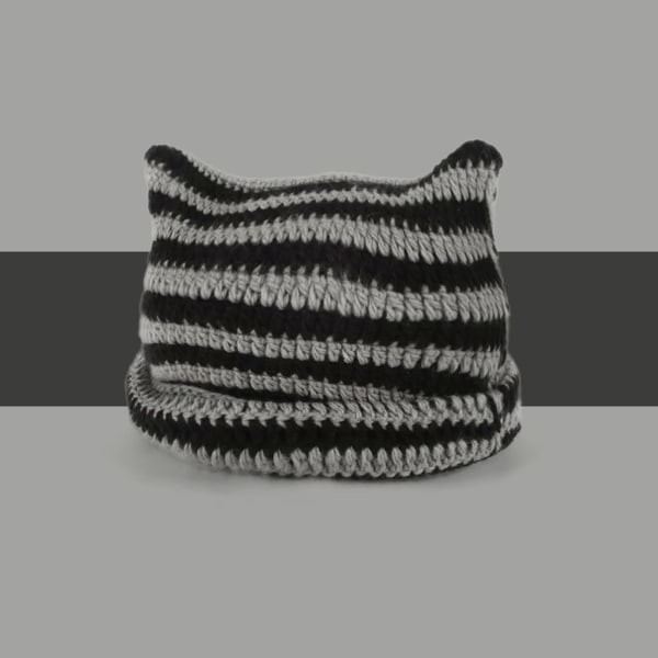 Stickad Cat Beanie med Öron, Randig Vintervarm Elastisk Mössa, Svart och Grå Black and Grey