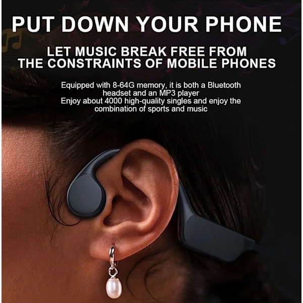 Bone Conduction Hovedtelefoner - IPX8 Vandtæt, Svømning, Sort