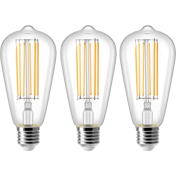 8W E27 ST64 LED-pære, Vintage Edison-glødelampe, 80W-ekvivalent, 2700K varmhvit, 800LM, retro-dekorativ lampe, ikke-dimbar, pakke med 3