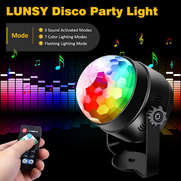 360° Roterande Diskokula LED Party Lampa Musikaktiverad Discolampa med Fjärrkontroll, 7 Dynamiska RGB Färger Ljuseffekter