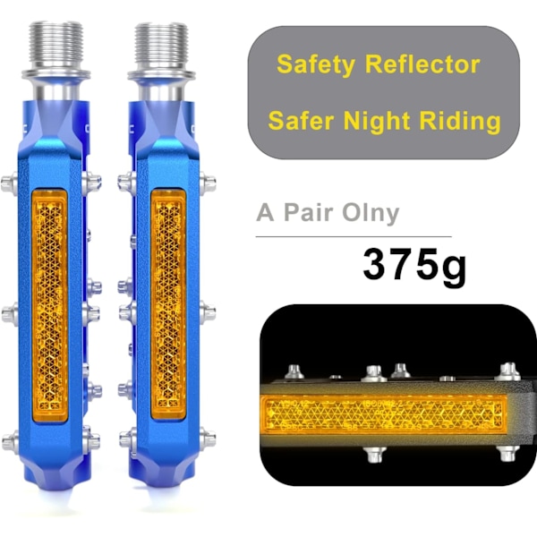 Cykelpedaler med reflexer, 3 tätade lager, halkfri CNC-aluminiumcykelplattform, 9/16 tums pedaler för landsvägscykel, MTB, elcykel. Blue