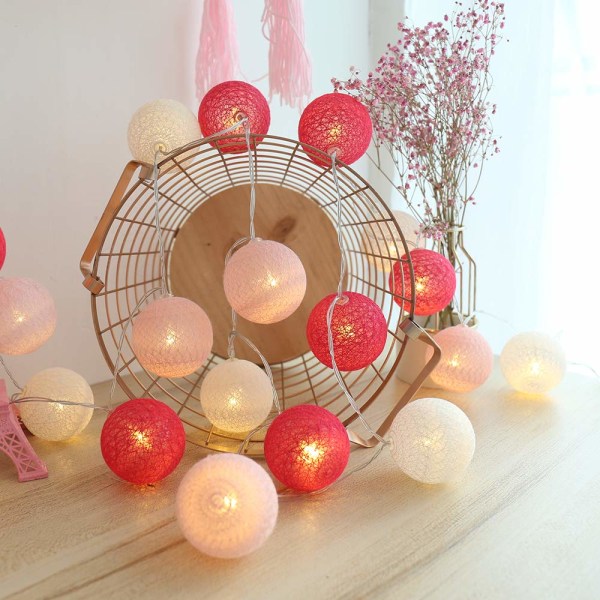 Cotton Ball Light Garland, Innendørs juledekorasjon, 3M 20er LED Globe Light, Bryllupssoverom Atmosphera Dekorasjoner, (USB rosa/rød)