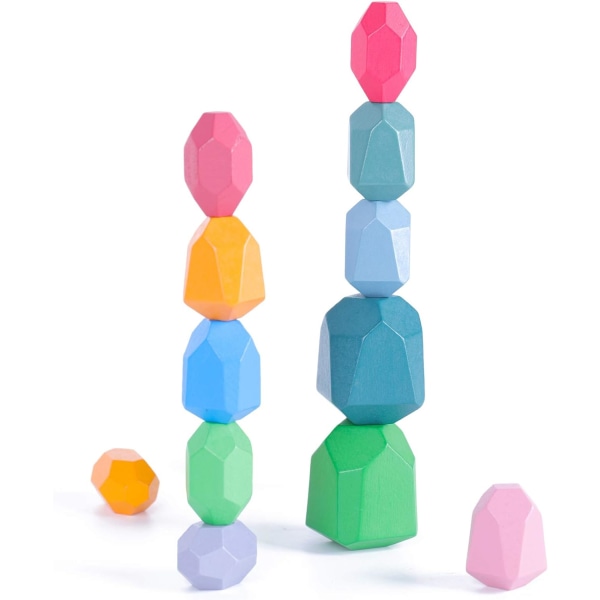 Byggeklosser av tre, fargede balanserende stablingssteiner satt i Macaron-farge, stabling av steiner, pedagogisk puslespill for guttepike (12 stk)