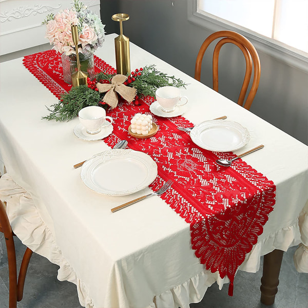 Lace Table Runner Valkoinen hääjuhliin Juhlapöydän keskiosa kodinsisustus, 90x33cm (punainen)