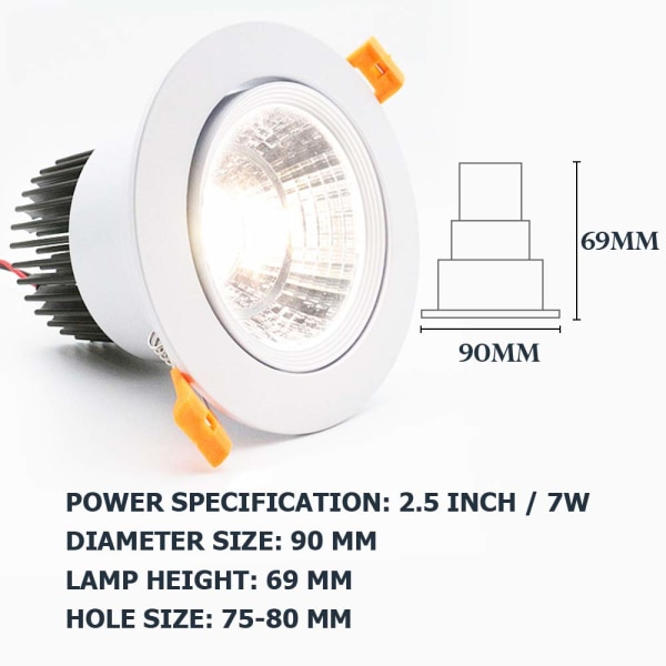 6 kpl LED-alasvalot, 7W COB upotettava kattolamppu, AC 220-240V, luonnonvalkoinen 4000K, säätökulma 30°, IP44, aukko 70-80 mm, olohuoneeseen (musta)