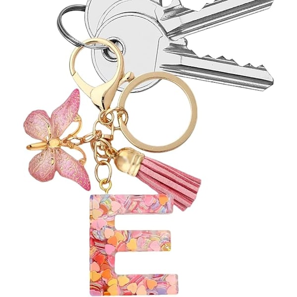 Bilnøglering til kvinder  Initial Letter Keychains Fashion Alphabet Initial Letter Keychain Kvast Sommerfugl-E