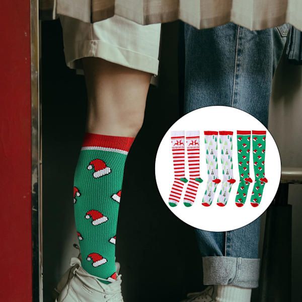 3 Par Jule-Lange Kompressionsstrømper Nylon Rensdyr Juletræ Mønster Knæhøje Strømper Svedabsorberende Strømper til Maratonløb (L/XL) L/XL