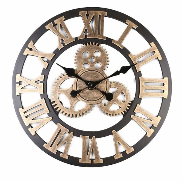 3D stort klassisk vintage lydløst vægur i træ retro gear hængende ur romertal ure europæisk stil Steampunk industrielt, guld, 40 * 40 cm