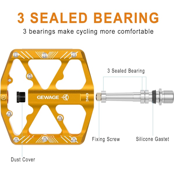 Cykelpedaler med reflexer, 3 tätade lager, halkfri CNC-aluminiumcykelplattform, 9/16 tums pedaler för landsvägscykel, MTB, elcykel. Gold