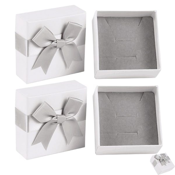 2 st Små Presentaskar för Smycken Vit Kvadratisk Pappersask för Smycken Halsband Presenter med Lock Presentaskar med Grå Rosett för Bröllop Jul