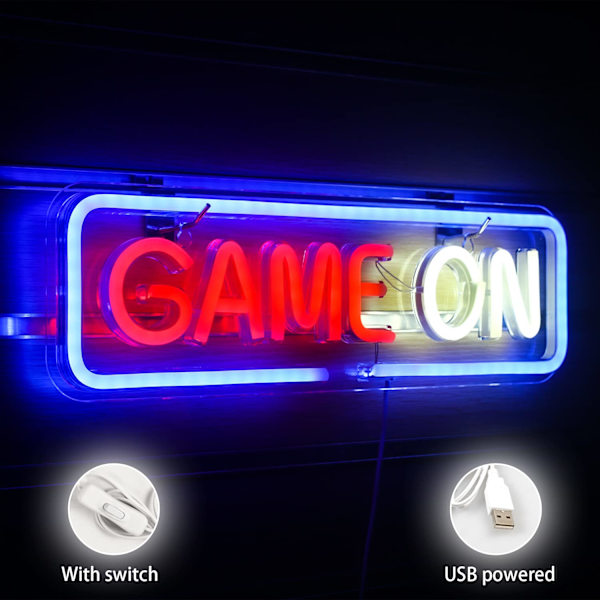 Rødt og hvidt Game on neonskilt, Game on til vægdekoration, USB til familie, børneværelse, bar, soveværelsesfest…