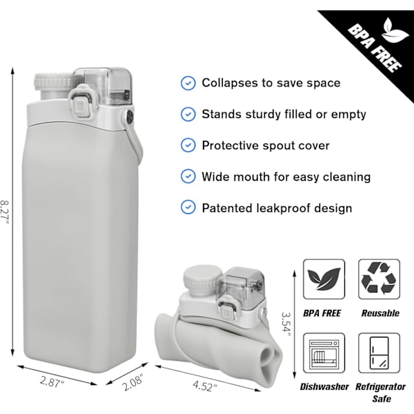 Hopfällbar Vattenflaska, 590 ml Silikon Vikbar Vattenflaska, Återanvändbar Läcksäker Resevattenflaska för Sport, BPA-fri (Grå)