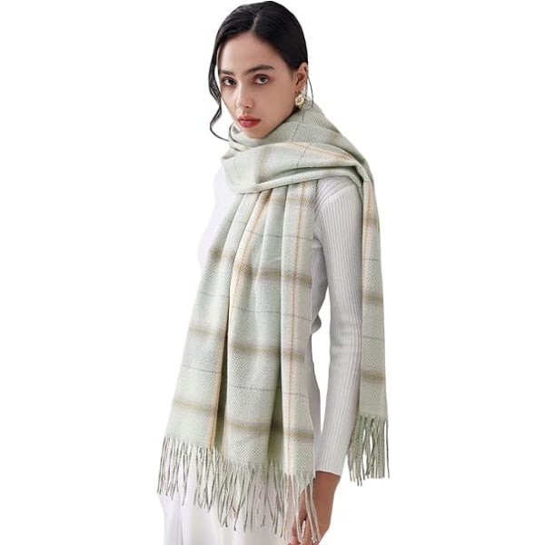 Dam Vinter Tartan Scarf, Lång Vinterscarf, Mjuka Varma Scarfar, Tofssjal, Lång Stola, Julklapp Light Green