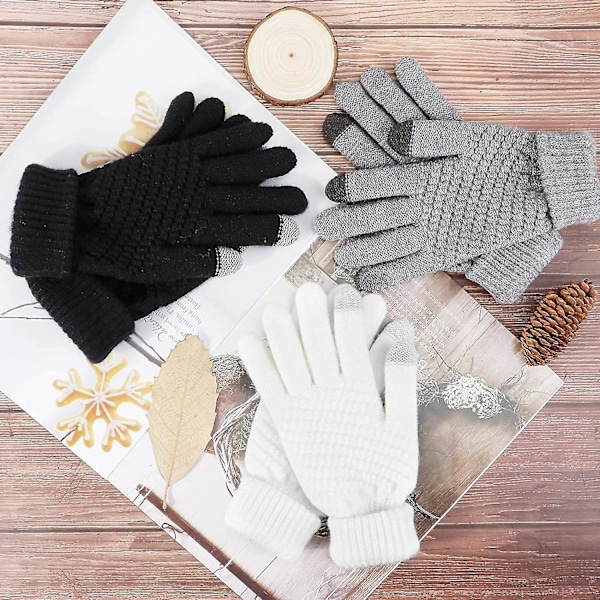 2 Par Knittade Vantar, Tunna Fleecefodrade Helfingersvantar, Grå+Svart, Vinterplysch Ull Halksäkra Fingrar, Kallsäkra Stickade Varma Vantar Black,Gray