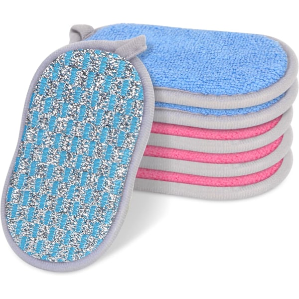 Skuresvamp, 6-pak Holdbar Mikrofiber Dobbeltvirkende Køkkenskuresvamp, Genanvendelig Rengøringsskrubber til Opvaskemaskine, 3 Blå + 3 Rosarød