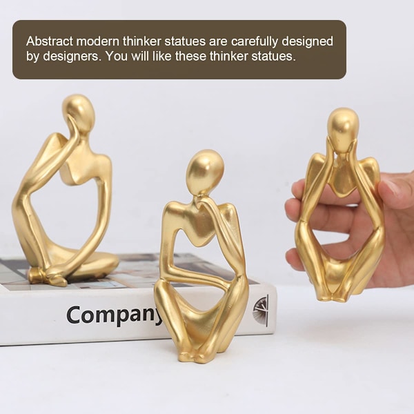 Nordisk Tenkerstatue 3 stk Abstrakt Tenkerskulptur Resin Tenkerfigur Moderne Håndverk Kunst for Kontor Hjem Skrivebordsdekorasjon (Gullfarget)