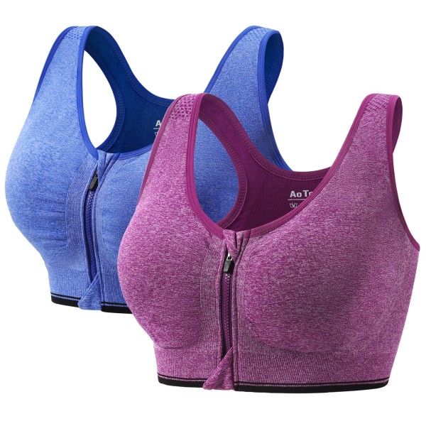 2 sports-BH med glidelås foran med avtagbare puter for løpeskjorte for kvinner Yoga Tank Top (L)