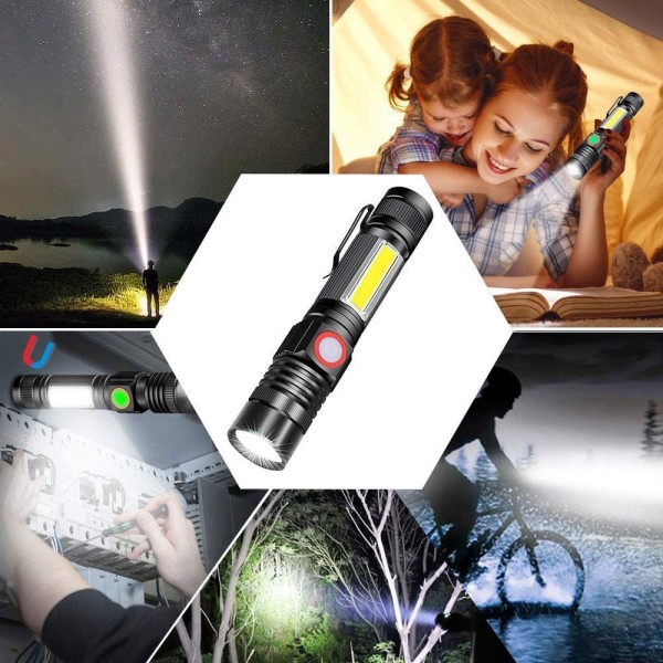 Lommelykt USB-oppladbar, Magnetisk LED-lykt, 2000LM, Vanntett, Zoombar Beste Liten Lommelykt for Camping, Nødlykt, 2 stk