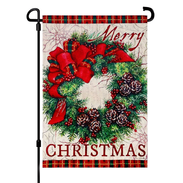 12x18 tommer Merry Christmas Garden Garland Flag, dobbeltsidet Jute Plaid Kant Dekorative Krans Flag til Udendørs dekorationer Gårdsgård vægdekoration