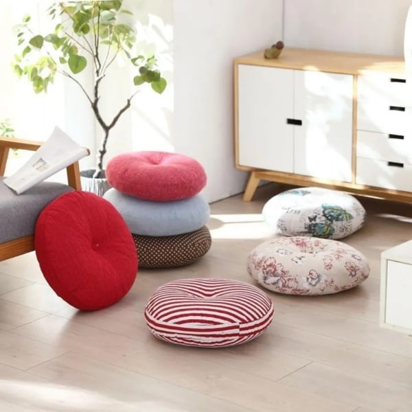 Rund sittdyna, Tatami-kudde i bomullslinne, tjocka mjuka stolskuddar för kontorsstolsdynor, rödvit, 45 cm (18 tum)