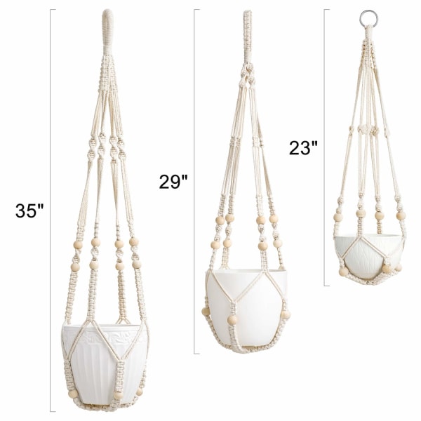 3-pack Macrame Växthängare Inomhus Hängande Planterkorg Blomkruka Hållare Bomullsrep med Pärlor Inga Tofsar, 58cm/73cm/89cm, krukor ingår ej