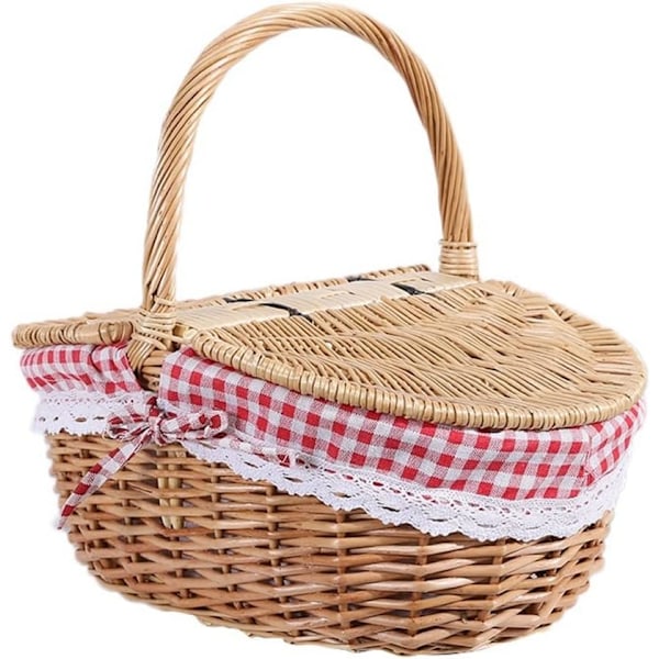 Rustik rattan picnic kurv med låg, håndtag og foring til picnics, fester og grillfester