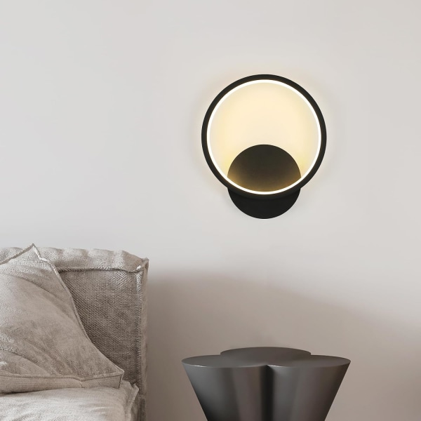 Indendørs LED-væglampe, moderne rund væglampe 12W 220V, akrylbelysningsvæglampe til 3-farvet dæmpning (sort)