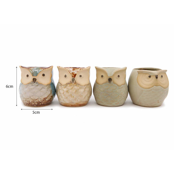 Set med 4 Mini Keramik Cartoon Uggla Mönster Succulent Växtkruka Blomma Kruka Behållare Planterare Kaktus Växtkruka för Trädgård