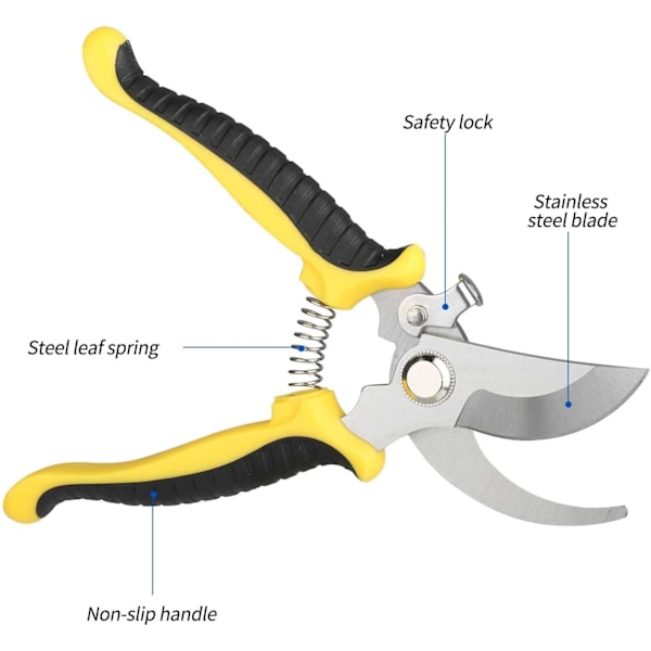Beskæringssaks - Professionel beskæringssaks i høj kulstoflegeret stål, let manuel beskæringssaks med låsemekanisme (gul beskæringssaks)