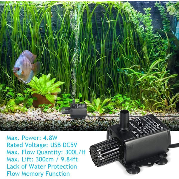 Direkte USB 5V Undervands Vandpumpe Fontænepumpe med Flowjusteringsfunktion 4.8W 300L/H Løftehøjde 300cm IP68 vandtæt