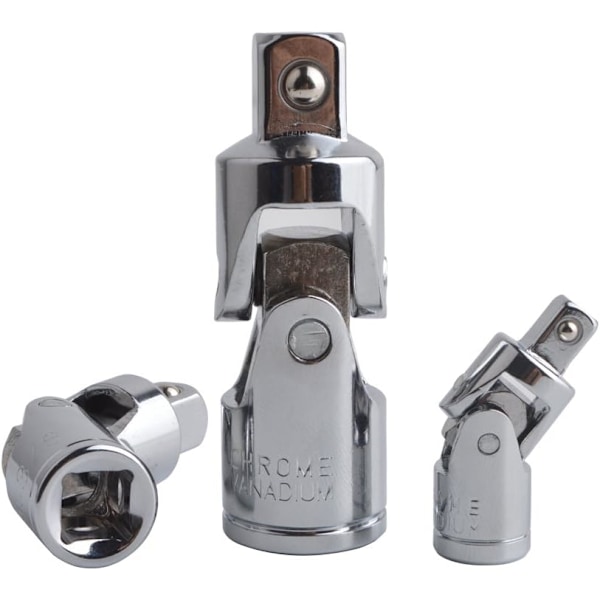 3-osainen yleiskäyttöinen nivelhylsysarja, kääntyvä adapteri, supistin, CR-V teräs, hopea kromiviimeistely, 1/4\" 3/8\" 1/2\" (6,3 mm / 10 mm / 12,5 mm)