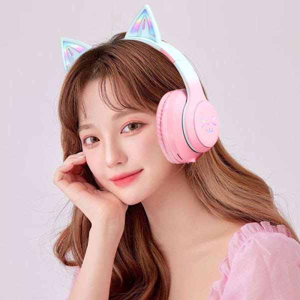 Kattøre Bluetooth Gaming Hodetelefoner, Trådløse Foldbare Musikkhodetelefoner, med LED-lys Avtakbar Mikrofon 3,5 mm Kabel, Lilla