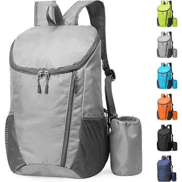 Taitettava vedenpitävä reppu, pieni retkeilyreppu, unisex, sopii ulkoilulajeihin, matkustamiseen, vaellukseen, leirintään, kävelyyn, harmaa grey