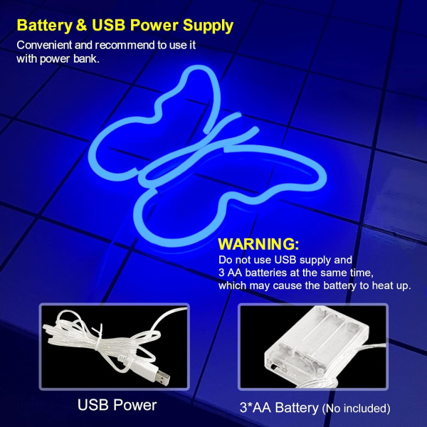 Butterfly neonskyltar för väggdekoration i sovrummet, USB eller batteri LED-väggdekoration (blå) Blue 9.05" x 7.48"