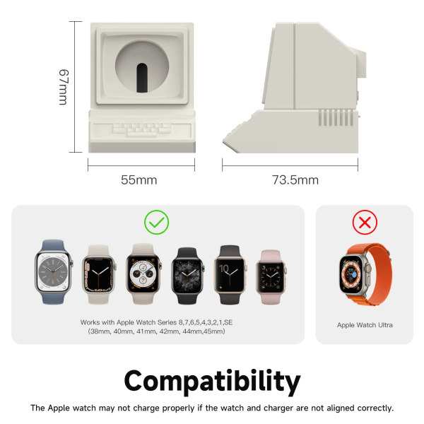 Laddningsställ kompatibel med alla Apple Watch Ultra/8/SE2/7/6/SE/5/4/3/2/1 Laddningsdocka Station Stöd Nattbordsläge, vit