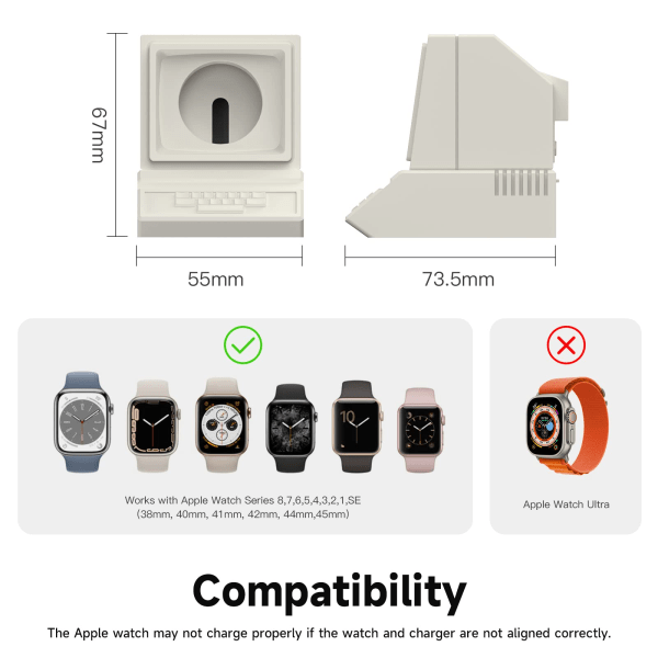 Oplader Stativ Kompatibel med Alle Apple Watch Ultra/8/SE2/7/6/SE/5/4/3/2/1 Opladningsdockningsstation Støtter Natbordtilstand, hvid