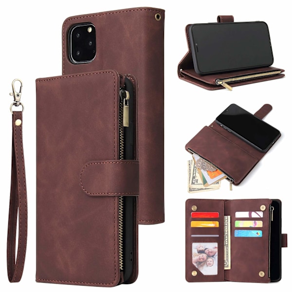 Plånboksfodral för iPhone 11, Handväska med dragkedja, Fodral med Ställ, Kortfack med Handledsrem, TPU Stötsäkert Flipskydd för iPhone 11 - Kaffe