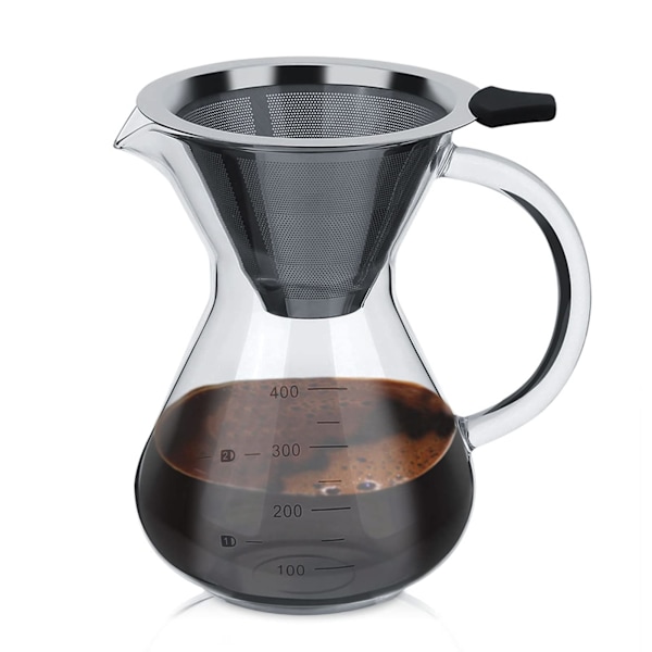 Hæld-over kaffemaskine, 400 ml borosilikatglas hæld-over kaffebrygger server manuel kaffedrypper brygger med rustfrit stålfilter