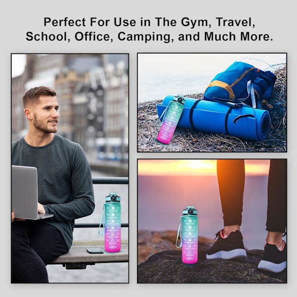 1 Liter Motiverande Sport Vattenflaska med Sugrör & Tid, BPA-fri väte Barn Dricka vattenflaska för Sport & Utomhus [Grön-Rosa] green,pur[lr