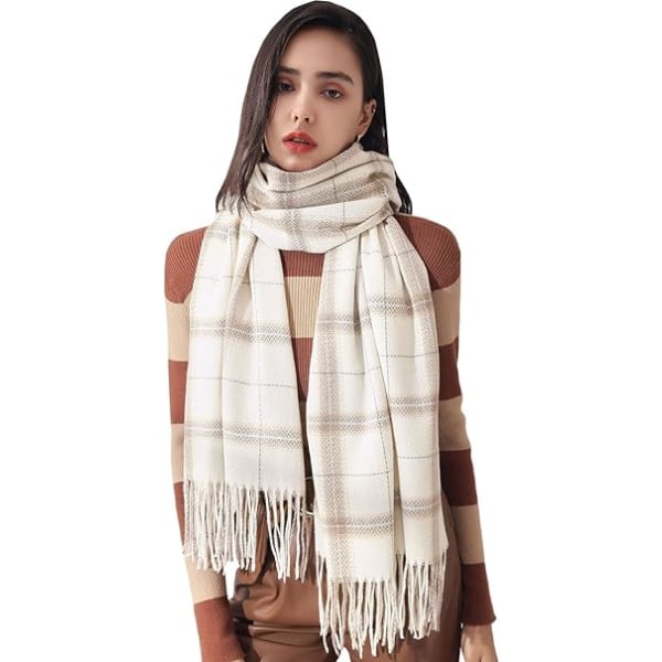 Vinterrutete skjerf for kvinner, langt vinterskjerf, myke varme skjerf, duske-sjal, lang stola, julegave Off White