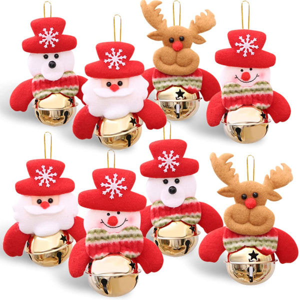 Juletre Jingle Bells Ornaments Sett med 8, røde og gull juledekorasjoner, liten plysj snømann/ julenisse / bjørn/ reinsdyr hengende feriedekor