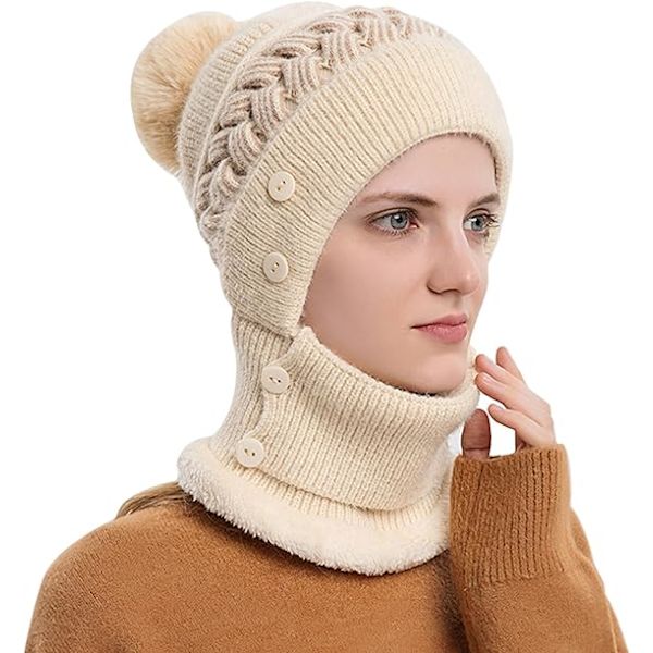 Hattu- ja huivisetti, Talvihattusetti, Naisten huivi- ja hattusetti, Naisten huivi, Hattu- ja maskisetti, Joululahja Beige