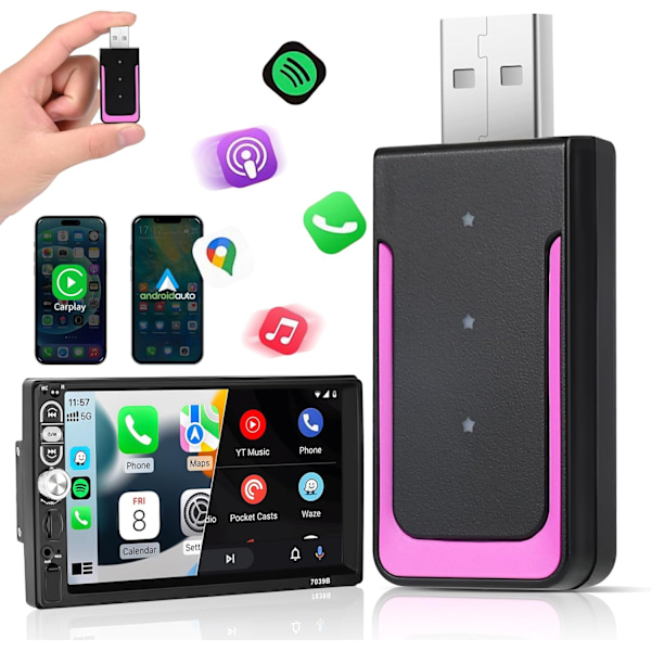 Car-Play Adapter, Trådløs Carplay Adapter, Konverterer Kablet Car-Play Dongle til Trådløs Plug & Play Car-Play for iOS og Android
