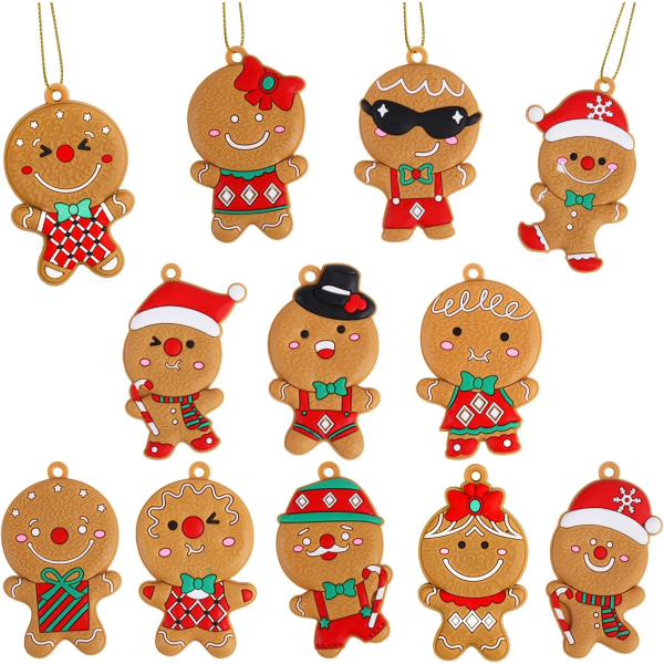 Julpepparkakor, 12-pack olika ingefära man lerfigur med snören för julgransdekorationer