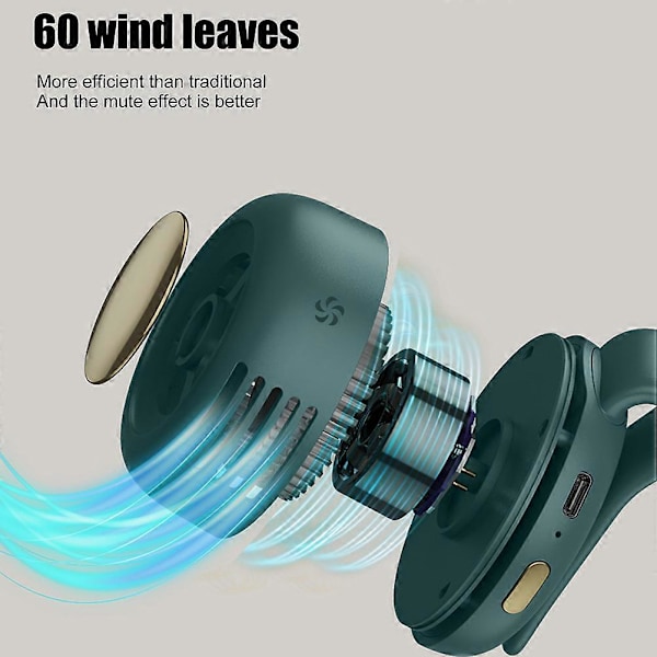 Bærbar Clip Køleventilator USB Genopladelig Mini Clip Ventilator Hals Talje Ventilator Justerbar Luftkøleventilator Green