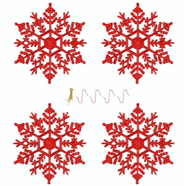 Plast glitter snøflak ornamenter for juletre Nyttårs festdekorasjoner, 4 tommer, 24 stykker (rød)